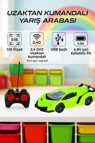 Uzaktan Kumandalı 4 Fonksiyonlu Işıklı 1:16 Ölçekli Usb Şarjlı 2.4ghz 10-15km/h Oyuncak Spor Araba Yeşil