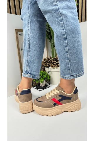 Günlük Kadın Sneaker Kalın Yüksek Taban Bağcıklı Rahat Tiger Şeritli Spor Ayakkabı 032 06-vizon Laci Kırmızı