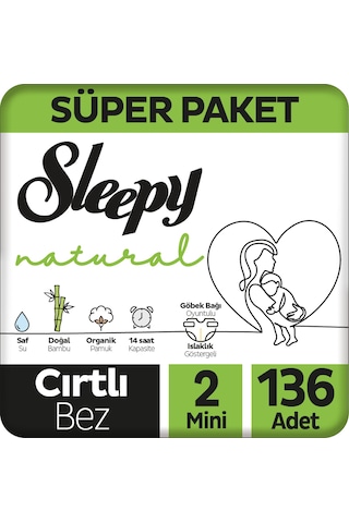 Sleepy Natural Süper Paket Bebek Bezi 2 Numara Mini  136 Adet 2'li