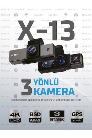 Dxtl X-13 4k 3 Kameralı Araç Içi Kamera 3.2 İnç Ekran Wifi Adas Bsd G-sensör Park Modu