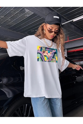 Kadın Beyaz Oversize Pamuk Baskılı T-shirt Beyaz