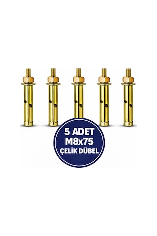 M8x75 Gömlekli Çelik Dübel 5 Adet Raf Montaj Bağlantı Zemin Tavan Asma Saplamalı 1