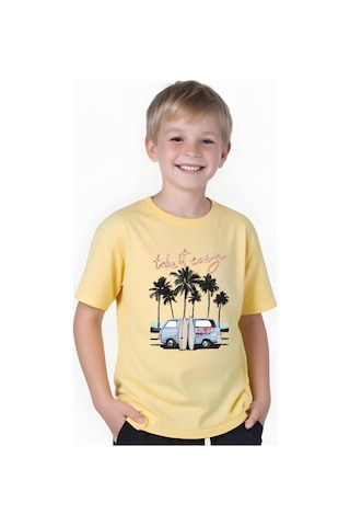 Panios Kids Summer Van Baskılı Erkek Çocuk Yuvarlak Yaka Kısa Kollu T-shirt Sarı