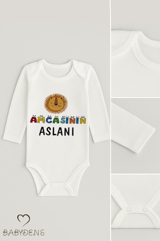 Babyden's Amcasının Aslanı Baskılı, Uzun Kollu Bebek Body %100 Pamuk, Çıtçıtlı Zıbın Bebek Body Beyaz