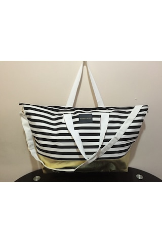 Victoria's Secret Vs Siyah Beyaz Çizgili Gold Taban Askılı Duffle Carryall Tote Siyah