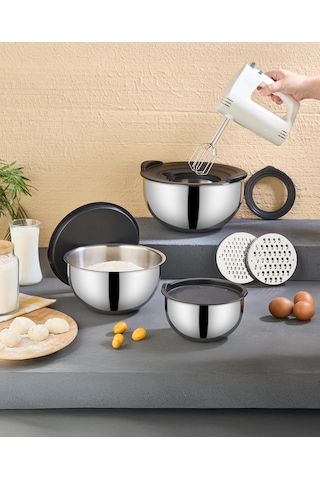 Pratikşef 9 Parça Rendeli Karıştırma Ve Saklama Kabı Paslanmaz Çelik Blender Uyumlu 16-20-24 Cm Gümüş