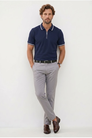 Tudors Erkek Slim Fit Dar Kesim %100 Pamuk Kısa Kollu Fermuarlı Lacivert Polo Yaka Tişört-51567