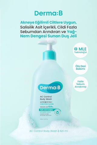 Akneye Eğilimli Ciltlere, Arındırıcı, Yağ-nem Dengesi Sunan Duş Jeli Derma:b Ac Control Body Wash Beyaz Sabun
