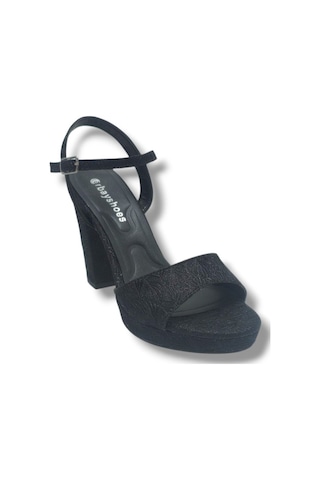 Erbay 321-26 Simli İşlemeli Saten Tek Bant Kalın Topuk Kadın Sandalet 11cm Siyah