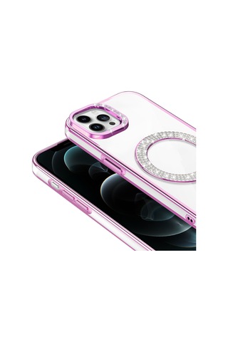 Apple Uyumlu iPhone 12 Pro Kılıf Pırlanta Taş Tasarımlı M-safe Şarj Özellikli Karetta Silikon Kapak Rose Gold