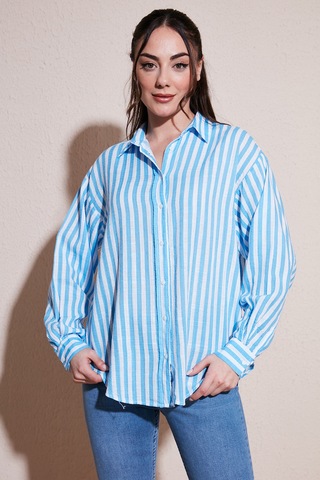 Fashion Friends Pamuklu Çizgili Oversize Uzun Kollu Gömlek Gömlek 26y0670k1 Mavi