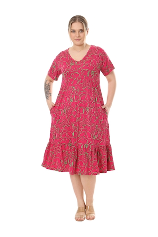 Melsay Butik Göğüsten Robalı V Yaka Kısa Kollu Pembe Çiçek Desenli Cepli Elbise Pembe