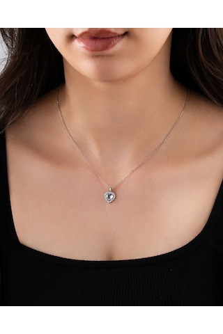 925 Ayar Zirkon Taşlı Rodyum Pırlanta Görünümlü Kalp Gümüş Kolye Gümüş - Rodyum