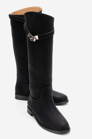 Luvishoes Yoko Siyah Nubuk Kemerli Kadın Binici Çizme Siyah
