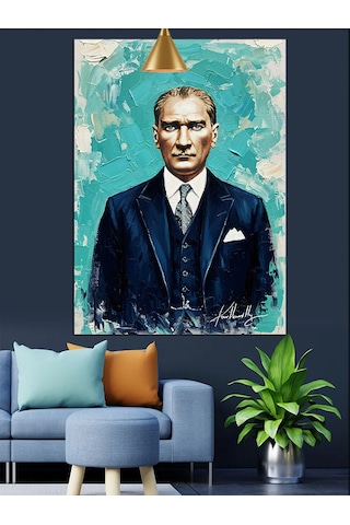 Mavi Fonlu Mustafa Kemal Atatürk Portresi Dekoratif Kanvas - Mdf Ahşap Tablo