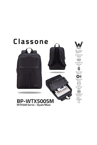 Classone BP-WTX500SM 15.6" WTXPRO Su Geçirmez Kumaş ve Fermuar Laptop Notebook Sırt Çantası