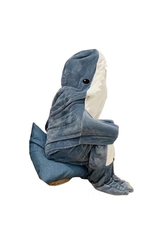 Wezone Mavi Büyük Beden Xl/190 90 Yumuşak Flanel Kapüşonlu Uyku Tulumu - Evde Giyilebilir Geniş Kumaş Shark Pijama Mavi