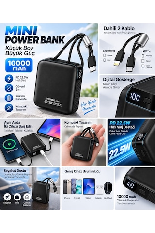 Xiaomi Black Shark 3 / 3 Pro Uyumlu 10000 Mah Mini Powerbank Dijital Göstergeli Taşınabilir Şarj Cihazı Siyah