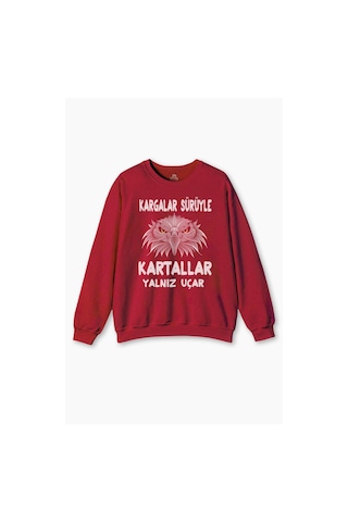 Kırmızı Sweat Kargalar Sürüyle Kartallar Yalnız Uçar Eagle Kartal Kışlık Erkek Sweatshirt Kırmızı