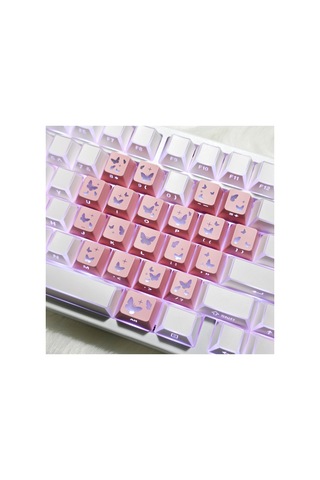 Leaven Kelebek Desenli Kare Tasarım Keycap Tuş Takımı Pbt - Rgb Uyumlu Işık Geçirgen - Pembe