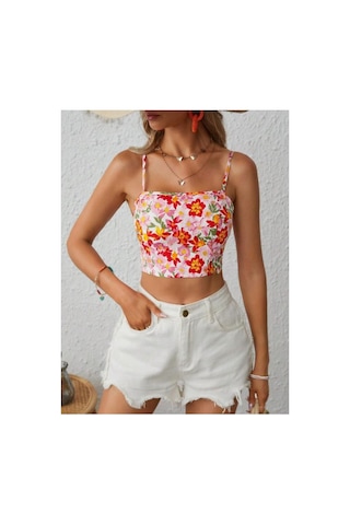 Bella Notte Retro Çiçek Baskılı Sırt Dekolteli Crop Bluz Pembe