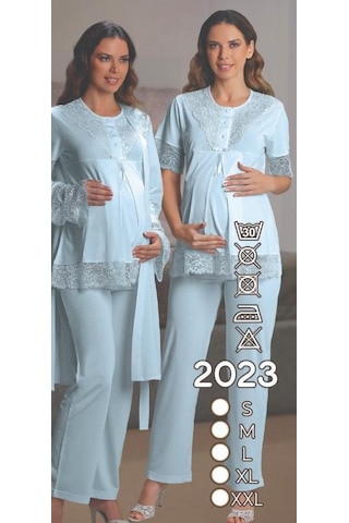 Nehirsel 2023 Mavi Hamile Lohusa 3 Lü Pijama Sabahlık Tk 001
