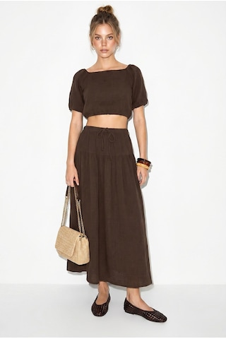 Shade Kadın Balon Kollu Crop Bluz Bağlama Detaylı Pamuklu Müslin Etek Takım Yc2728 60286287 - Acı Kahve Çok Renkli