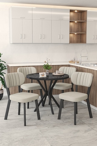 Gnr 90cm Sabit Siyah Mutfak Masası Takımı, Yemek Masası, 4 Modern Krem Sandalye Krem