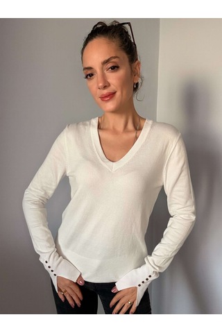 Ali Butik Beyaz V Yaka Kol Detaylı Triko Beyaz