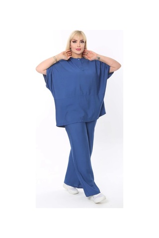 Mia Butik Büyük Beden Mavi Yuvarlak Yaka Salaş Takım Mavi