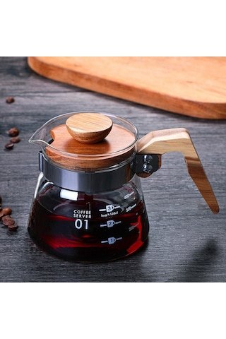 Isıya Dayanıklı Cezve, Cam Cezve, V60 Kahve Su Isıtıcısı, Ahşap Saplı Brewer Barista Süzgeç, 400ml