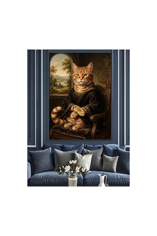 Mona Lisa Tarzı Soylu Kedi Yağlı Boya Dokulu Kanvas Tablo Canvas Tablosu