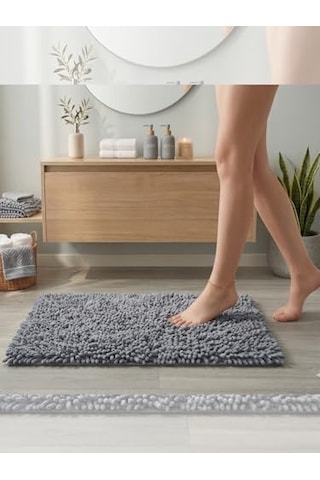 Şönil Banyo Paspası, Mikro Elyaf, Beyaz, 40x60 Cm Banyo Halısı, Uzun Tüylü, Yüksek Emicilik, Makinede Yıkanabilir Gri Diğer