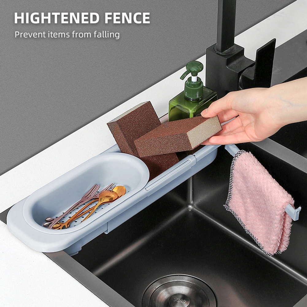 Geeroyoo Mavi Gri Genişletilebilir Sıvı Filtreli Lavabo Sepeti - Bölmeli Su Çıkarma, Havlu Asma Barı Ve Mutfak Malzemeleri Depolama Gri - Mavi