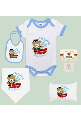 BK Kids Kişiye Özel İsimli 6 Parça Mavi Bebek Body Zıbın Battaniy