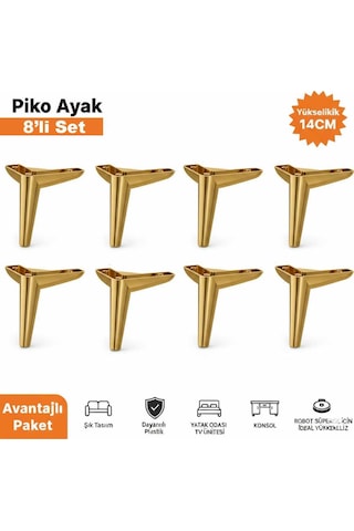 Piko 14 Cm Altın 8 Adet Koltuk Baza Tv Ünitesi Yatak Odası Konsol Çocuk Ve Genç Odası Ayağı Altın