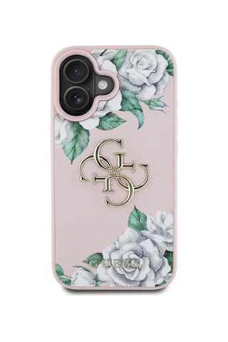 Apple Uyumlu iPhone 16 Kılıf Guess Lisanslı Gül Baskılı Büyük Metal Logo Dizaynlı Kapak Pembe
