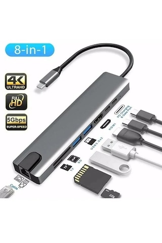 Apple Uyumlu MacBook Dönüştürücü Çoğaltıcı 8 İn 1 Type-c Hub - Hdmı - Usb 3.0 - Ethernet - Sd Tf Kart Okuyucu
