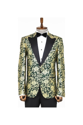 Wessi Gold Gül Desenli Slim Fit Yeşil Erkek Smokin Ceket Yeşil