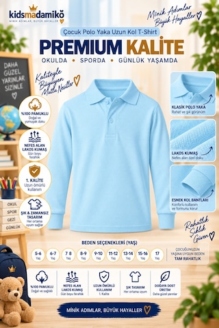 Kidsmadamiko Kız Çocuk Uzun Kollu T-shirt Polo Yaka Pamuklu Bedenler Yaşlarla Açık Mavi