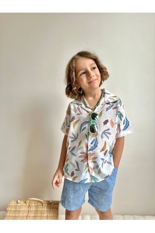 Miniko Kids Erkek Çocuk Yaprak Desenli Muslin Şortlu Gömlekli Pamuk Takım Ekru