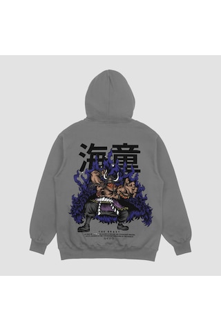 Unisex Gri Kaido Baskılı Hoodie Oversize Kapşonlu Sweatshirt Gri