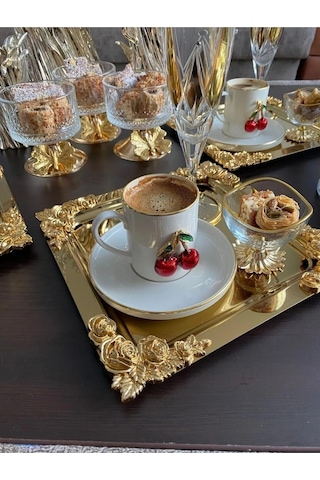 6'li Kahve & Çay & Sunum Tepsisi Metal Döküm Gül Model Gold Çok Renkli