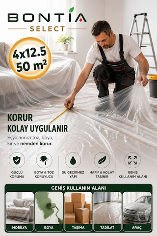 Koruyucu Örtü Naylonu 4x12,5 Metre 50 M² Şeffaf Boya Örtüsü Eşya Mobilya Zemin Toz Ve Boya Koruma Naylonu