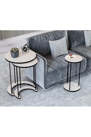 Alpa Ev Mobilya Ay 3 Lü Yuvarlak Zigon Sehpa Seti, Modern Metal Ayaklı C Model Şık Yan Sehpa Traverten