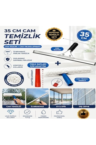 35 Cm Profesyonel Cam Temizlik Seti - Metal Cam Silecek + Mikrofiber Peluş Aparat + Fırça Sapı Uyum Adaptörü Siyah