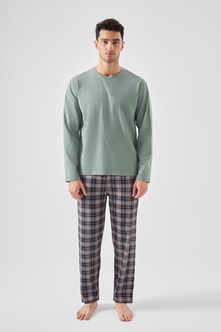 Erkek Pamuklu Uzun Kollu Yamalı Ekose Desenli Pijama Takımı Ko60104 Yeşil
