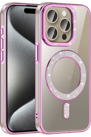 Apple Uyumlu iPhone 15 Pro Kılıf Pırlanta Taş Tasarımlı Kablosuz Şarj Özellikli Karetta Silikon Kapak
