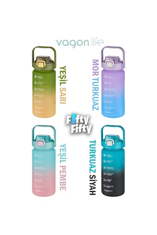 Vagonlife 1500ml Yenilenen Renkler Pipetli - Pipetsiz Kullanım Çift Renk Softtouch Motivasyon Matarası + Çıkartma 001