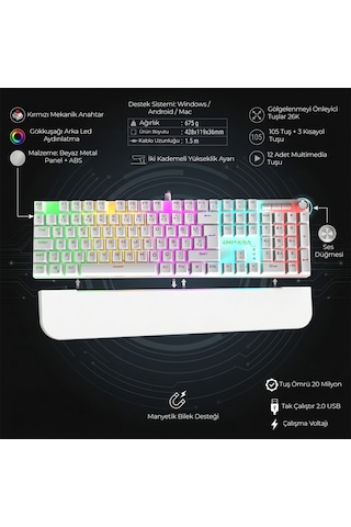 Ikg-430t Mekanik Gaming Klavye Red Switch Rgb Led 17 Efekt Ses Düğmeli Anti Ghosting 105 Tuş